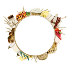 Shavuot holiday symbols and traditional food round gold frame watercolor illustration isolated on white. Greeting template with Moses, stone tablets, grapes, milk, cheese cake, wheat and challah