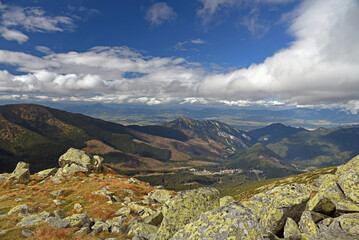 View from hiking trail bellow Chopok hill summit in Low Tatras mountains in Slovakia
