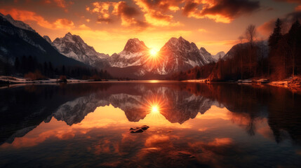 Fototapeta premium Serene mountain lake during sunset, with the sun setting behind the jagged peaks, casting a warm orange glow over the landscape. Generative AI