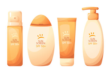 A set of sunscreens.Spray, lotion, cream in various tubes.Protection from the sun.Elements of summer design.Vector illustration isolated on a white background.