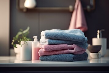 Fototapeta na wymiar Stack of towels with a soap dispenser in a bathroom closeup. Generative Ai.