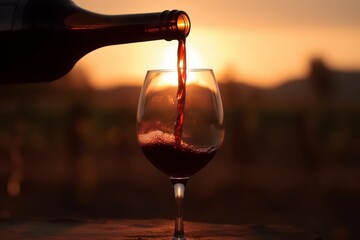 Fototapeta na wymiar A glass of wine is poured into a glass against the sunset. Generative AI