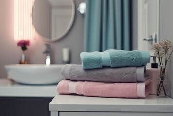 Obraz na płótnie Canvas Stack of towels with a soap dispenser in a bathroom closeup. Generative Ai.