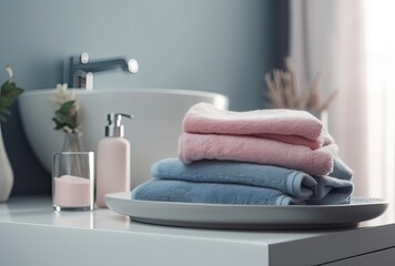 Obraz na płótnie Canvas Stack of towels with a soap dispenser in a bathroom closeup. Generative Ai.