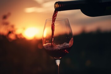 Naklejka na ściany i meble A glass of wine is poured into a glass with the sun setting behind it. Generative AI