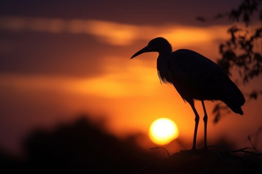 A silhouette of a heron against a sunset. Generative AI