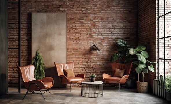Modern office Interior with old vintage brick Wall. Art work business space. Generative Ai.