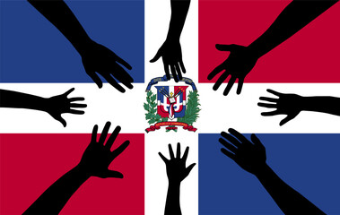 Group of Dominican Republic people gathering hands vector silhouette, unity or support idea