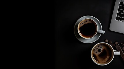 Laptop and coffee cup on black background. Top view with copy space