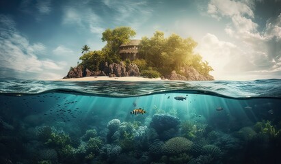 Tropical Island And Coral Reef - Split View With Waterline. Beautiful underwater view of lone small island above and below the water surface in turquoise waters of tropical ocean. Generative Ai.