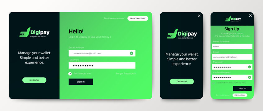 Set of Sign Up and Sign In forms for web and mobile.Registration and login forms page. Professional web design, full set of elements. User-friendly design materials