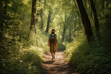 Obraz premium Woman with backpack hiking in forest at springtime. Woodland with flowering wild garlic. Adventure in beautiful nature. Generative Ai.
