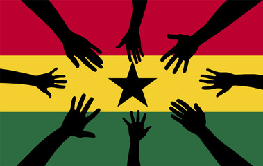 Group of Ghana people gathering hands vector silhouette, unity or support idea