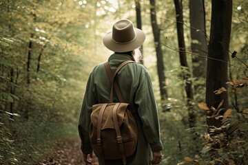 Obraz premium Woman with backpack hiking in forest at springtime. Woodland with flowering wild garlic. Adventure in beautiful nature. Generative Ai.