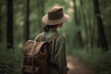 Woman with backpack hiking in forest at springtime. Woodland with flowering wild garlic. Adventure in beautiful nature. Generative Ai.