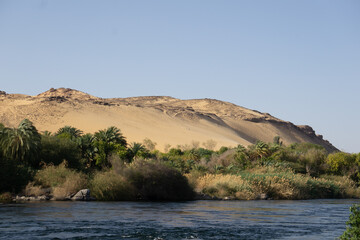 Paesaggio caratteristico della zona nubiana in Egitto, riva del Nilo, vegetazione, palme e dune di...