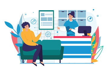 Reception at the hospital medicine concept with people scene in the flat cartoon style. A woman is waiting at the hospital reception for a doctor's consultation. Vector illustration.