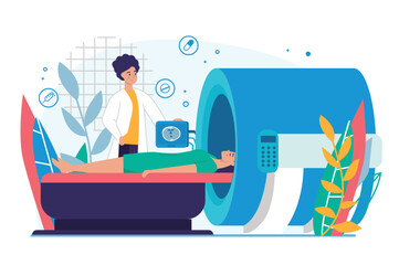 MRI room medicine concept with people scene in the flat cartoon design. The doctor took the woman to a special room to do an MRI. Vector illustration.