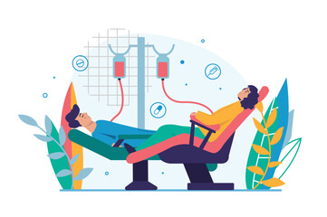 Blood transfusion medicine concept with people scene in the flat cartoon design. Two men receive blood transfusions to save their lives. Vector illustration.