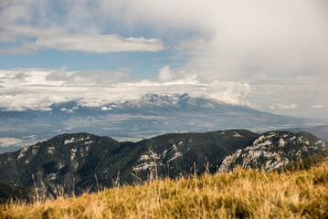 View from Kralov stol bellow Dumbier hill in Low Tatras mountains in Slovakia - obrazy, fototapety, plakaty