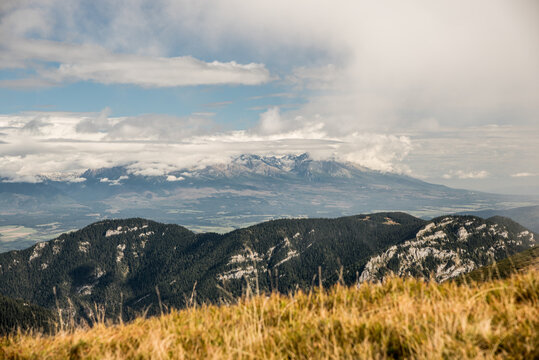 View from Kralov stol bellow Dumbier hill in Low Tatras mountains in Slovakia
