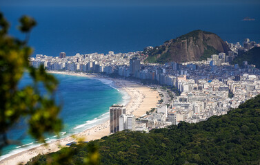 Copacabana Beach in Rio de Janeiro. Aerial view of this landmark place at Pacific Ocean shore from...