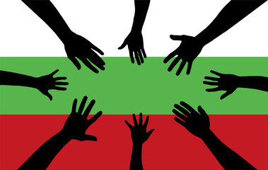 Group of Bulgaria people gathering hands vector silhouette, unity or support idea