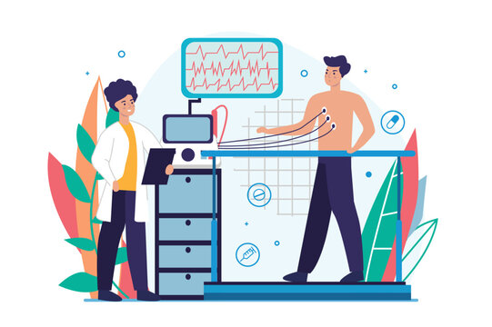 Cardiogram medicine concept with people scene in the flat cartoon design. The doctor makes a cardiogram to the patient to find out about his state of health. Vector illustration.
