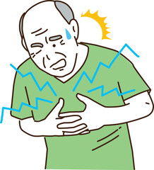 胸を抑えるアジア人の高齢者男性
