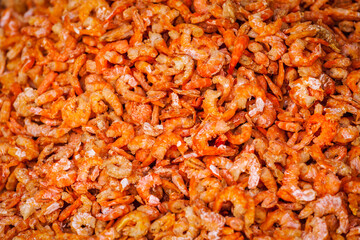 Dried shrimps close up in market in Asia