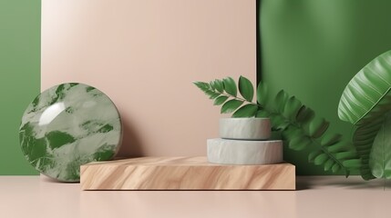 Wood podium with green leaves and natural stones, Background for cosmetic products of natural color, Generative Ai
