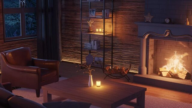 Cozy cabin living room with fireplace and candles. Night with rain. Seamless loop. 