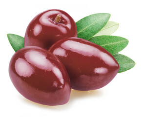 Three pitted kalamata olives isolated on white background.