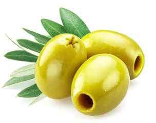 Three pitted green olives with olive leaves isolated on white background.