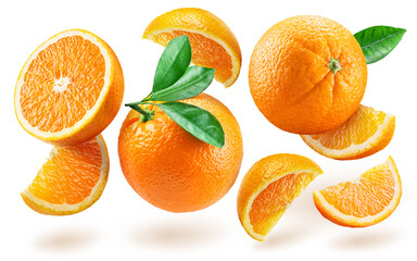 Orange fruits and slices of orange fruit levitating in air on white background.