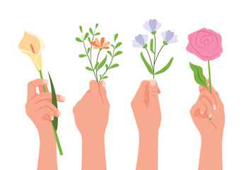 Set of hands holding delicate flowers in cartoon style. Vector illustration of hands with different gestures holding beautiful flowers: calla, periwinkle, rose isolated on a white background.
