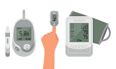 Set blood glucose meters and tonometers in cartoon style. Vector illustration of a variety of glucometer, tonometer for blood sugar analysis, pressure measurement.