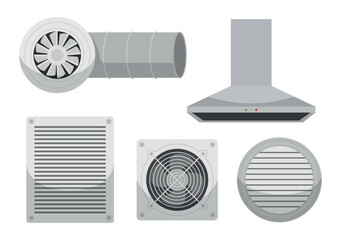 Set of fans, hoods in a cartoon style. Vector illustration of various exhaust fans, kitchen hood,