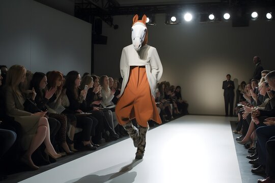 funny scene on a catwalk with model in horce costume, ai tools generated image