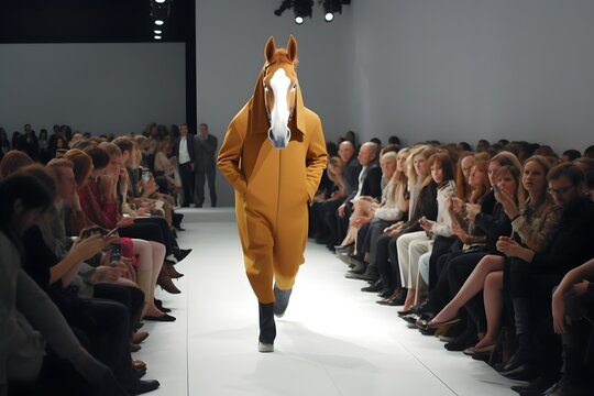 funny scene on a catwalk with model in horce costume, ai tools generated image