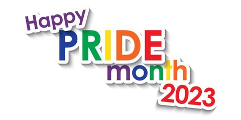 HAPPY PRIDE MONTH 2023 vector typoraphy banner with pride flag colors