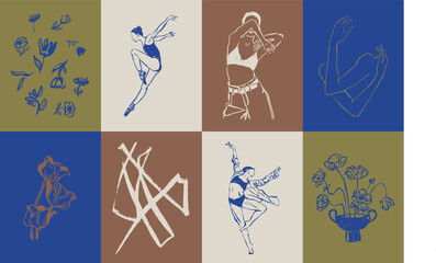 Abstract boho style botanical and female silhouettes vector illustration collection