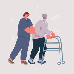 Vector illustration of Nurse woman and elderly man with walker
