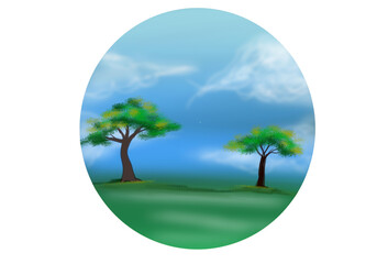 Fototapeta na wymiar the natural scenery of cloudy blue sky trees in a circle, with an empty background