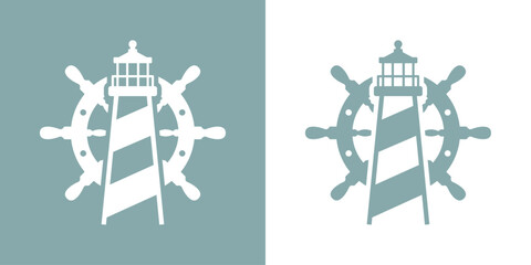 Logo Nautical. Icono de torre marítima en puerto. Faro de luz con timón de barco