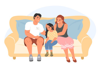 Father and mother caring little girl daughter vector illustration