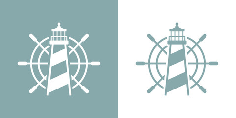 Fototapeta Logo Nautical. Icono de torre marítima en puerto. Faro de luz con timón de barco lineal obraz