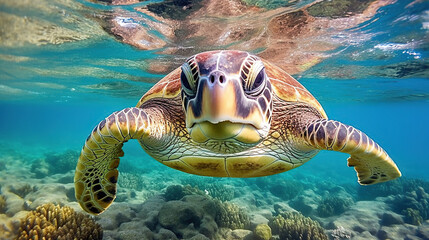 sea turtle close up over coral reef in hawaii. ai generative.