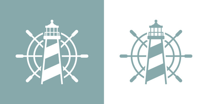 Logo Nautical. Icono de torre marítima en puerto. Faro de luz con timón de barco lineal