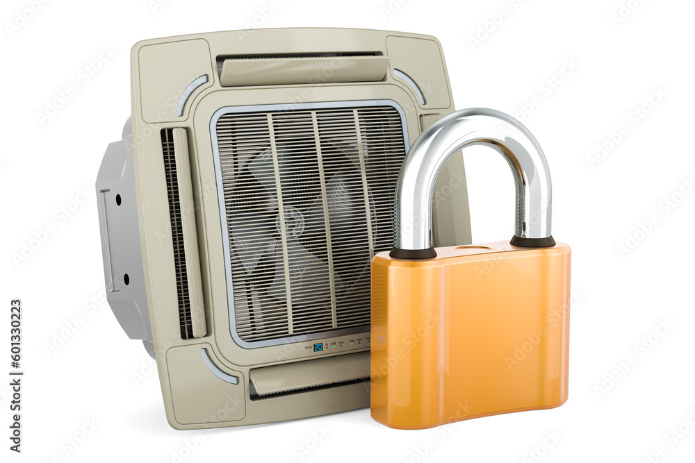 Poster ceiling cassette unit, indoor unit of air condition with padlock. 3d rendering